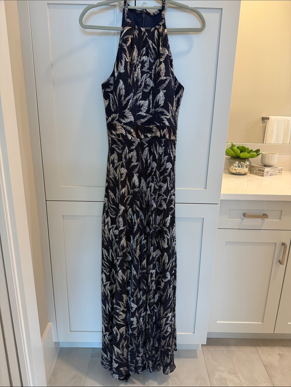 NWT Betsy & Adam Navy Maxi Dress with Gold Leaf Print